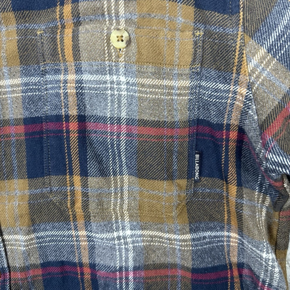 Billabong Baja Flannel Hoodie Shacket L Plaid Core Fit Stretch Brown Blue Red - Picture 5 of 13